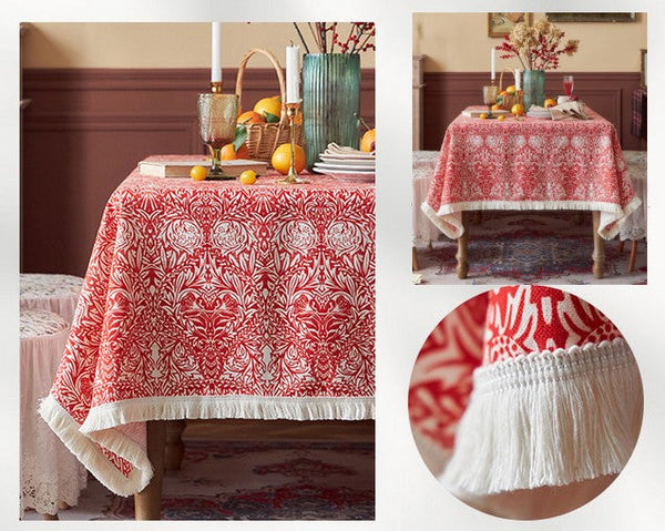 Large Fiberflax Rectangle Tablecloth for Home Decoration, Red Flower Pattern Tablecloth for Holiday Decoration, Square Tablecloth for Round Table-LargePaintingArt.com