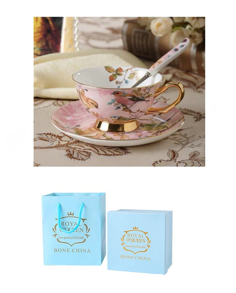Elegant Ceramic Coffee Cups, 7.4 oz British Tea Cups, Bird Porcelain Tea Cup Saucer Set, Tea Cup and Saucer in Gift Box as Birthday Gift-LargePaintingArt.com