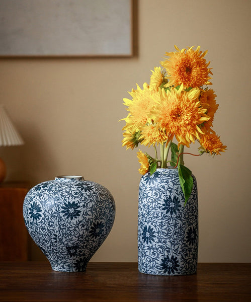Centerpiece on Dining Table, Large Blue Flower Vase on Table, Vintage Bouquet Flower Vases, Handmade Porcelain Flower Vases Urn, Water Holding Flower Vases-LargePaintingArt.com