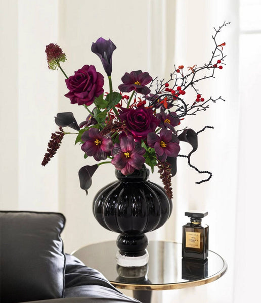 Black Glaze Vase, Contemporary Vases for Modern Home Decor, Black Glass Bud Vases, Handmade Liuli Vases, Centerpiece Vases on Table-LargePaintingArt.com