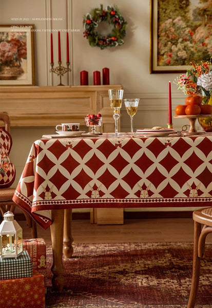 Holiday Red Tablecloth for Dining Table, Rabbit Pattern Table Cover for Dining Room Table, Modern Rectangle Tablecloth for Oval Table-LargePaintingArt.com
