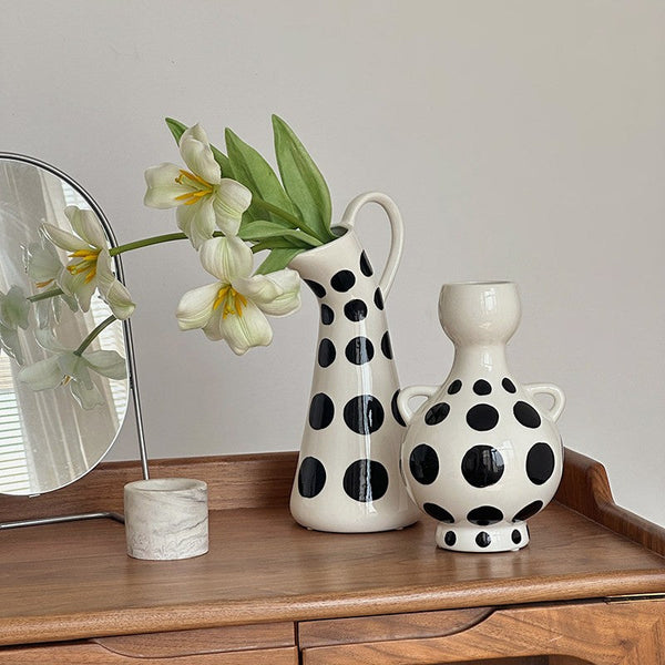 Ceramic Bud Vases, Small Flower Vases on Table, Black and White Polka Dot Flower Vase, Modern Porcelain Flower Vases, Handmade Water Holding Flower Vases-LargePaintingArt.com