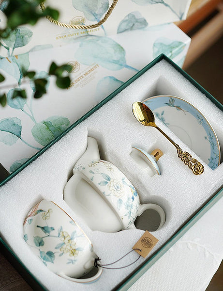 Stackable Teapot and Cup Set, Ceramic Tea Pot with Integrated Cup, Porcelain Teapot with Matching Cup and Saucer in Gift Box, Mother-and-Baby Teapot with Matching Saucer-LargePaintingArt.com
