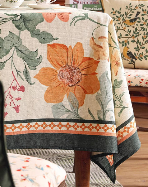 Linen Table Cover for Dining Room Table, Beautiful Kitchen Table Cover, Spring Flower Tablecloth for Round Table, Simple Modern Rectangle Tablecloth Ideas for Oval Table-LargePaintingArt.com