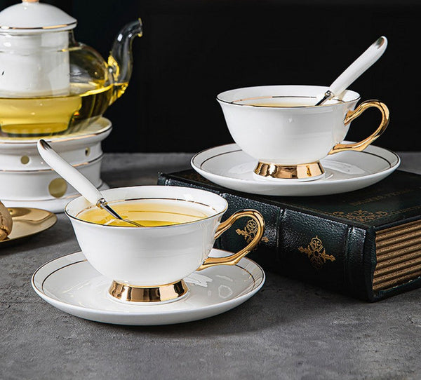 White Ceramic Cups, Elegant British Ceramic Coffee Cups, 7.8 oz Porcelain Tea Cup Saucer Set, Unique Tea Cup and Saucer in Gift Box-LargePaintingArt.com