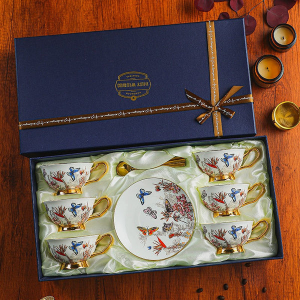 Ceramic Coffee Cups in Gift Box, Butterfly Pattern Porcelain Tea Cup and Saucer Set, British Traditional Afternoon Tea Cup and Saucer Set-LargePaintingArt.com