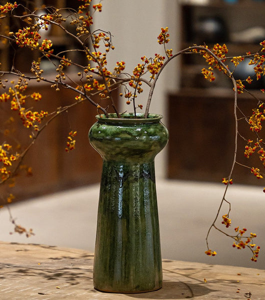 Porcelain Flower Vases, Ceramic Bouquet Vases, Green Flower Vases on Table, Dining Table Centerpiece, Handmade Water Holding Flower Vase-LargePaintingArt.com