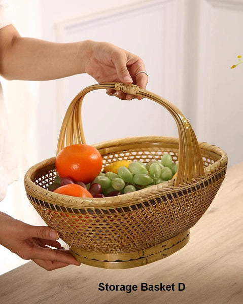 Natural Hand-woven Bamboo Basket, Natural Fruit Basket Kitchen Storage Baskets, Extra Large Picnic Food Basket with Handle, Lovely Bamboo Baskets for Vegetable-LargePaintingArt.com