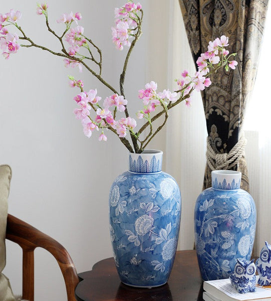 Centerpiece Ceramic Bouquet Vases, Handmade Modern Flower Vase, Large Flower Vases on Dining Table, Blue Porcelain Flower Vases-LargePaintingArt.com