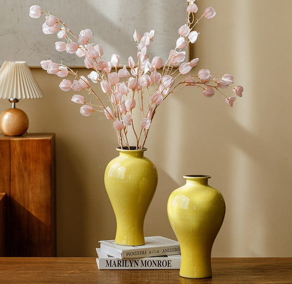 Porcelain Flower Vases, Handmade Water Holding Flower Vase, Yellow Flower Vases on Table, Ceramic Bud Vases-LargePaintingArt.com
