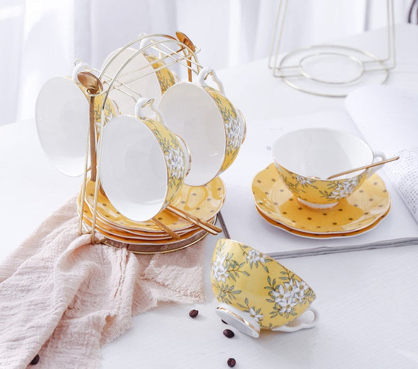 Creative Yellow Ceramic Coffee Cups, Unique Flower Coffee Cup and Saucer, Beautiful British Tea Cups, Creative Porcelain Tea Cup Set-LargePaintingArt.com