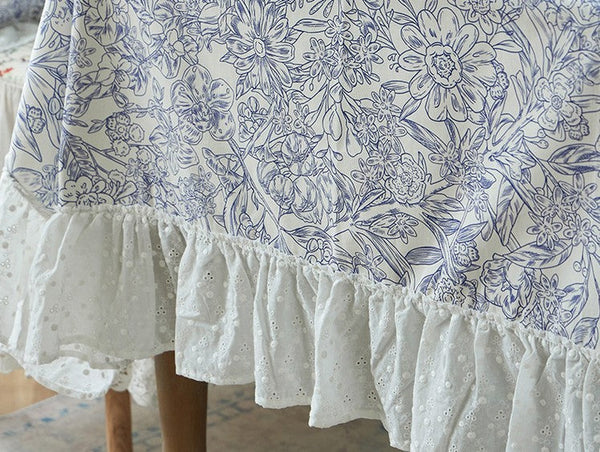Cotton Rectangle Tablecloth for Dining Room Table, Natural Spring Farmhouse Table Cloth, Blue Flower Pattern Cotton Tablecloth, Square Tablecloth for Round Table-LargePaintingArt.com