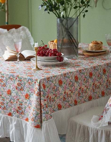 Extra Large Rectangle Tablecloth for Dining Room Table, Natural Spring Flower Farmhouse Table Cloth, Flower Pattern Cotton Tablecloth, Square Tablecloth for Round Table-LargePaintingArt.com