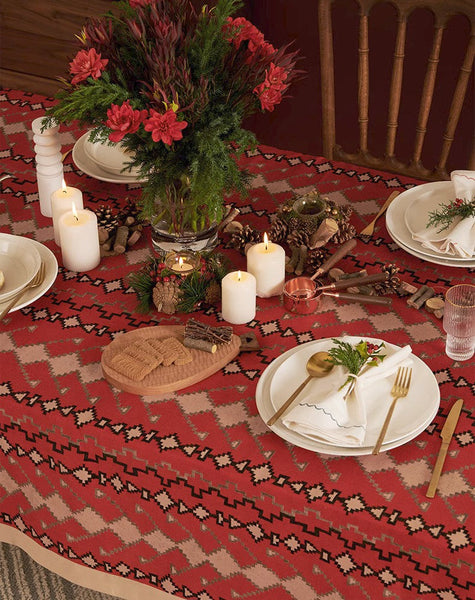 Red Christmas Holiday Tablecloth for Oval Table, Large Modern Rectangle Tablecloth for Dining Room Table, Square Table Covers for Kitchen, Farmhouse Table Cloth for Round Table-LargePaintingArt.com