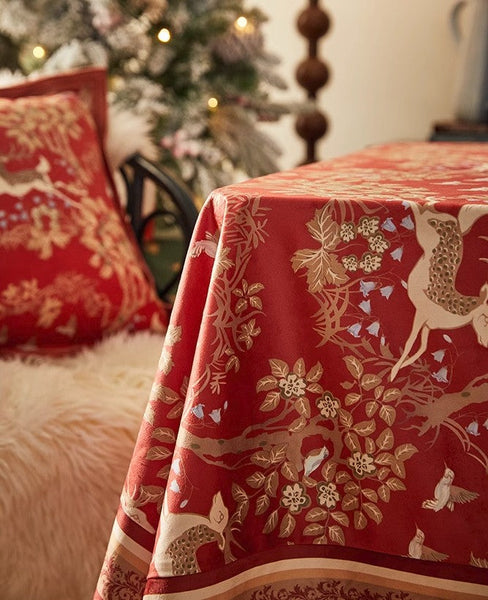 Long Modern Rectangular Tablecloth for Dining Room Table, Forest Deer Red Table Covers, Square Tablecloth for Kitchen, Extra Large Tablecloth for Round Table-LargePaintingArt.com