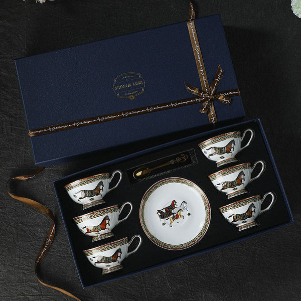 Elegant British Horse Pattern Coffee Cup with Saucer, 7.4 oz Ceramic Tea Cup and Saucer in Gift Box, Porcelain Tea Cup and Saucer Set-LargePaintingArt.com