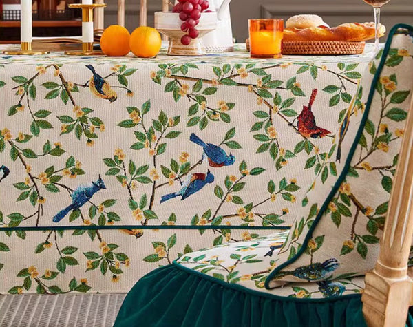 Bird Flower Pattern Farmhouse Table Cloth, Large Modern Rectangle Tablecloth for Dining Room Table, Square Tablecloth for Round Table-LargePaintingArt.com