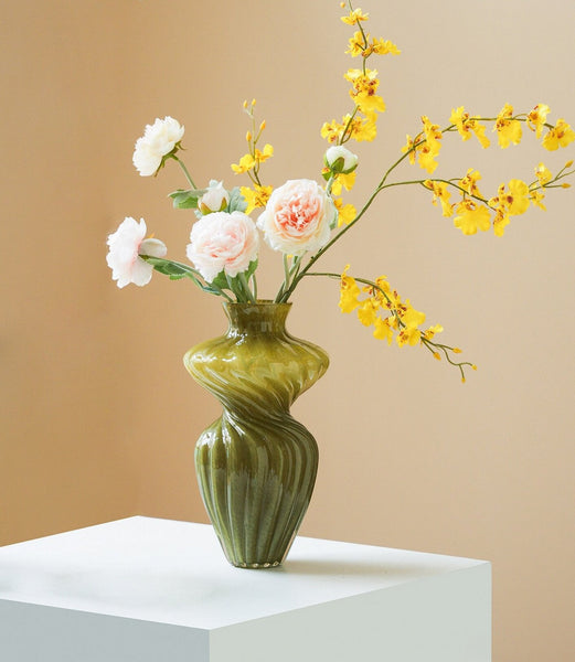 Handmade Contemporary Glass Vases, Modern Green Vases for Living Room, Mid Century Vases for Flowers, Unique Decorative Glass Vase, Centerpiece Vases on Table-LargePaintingArt.com