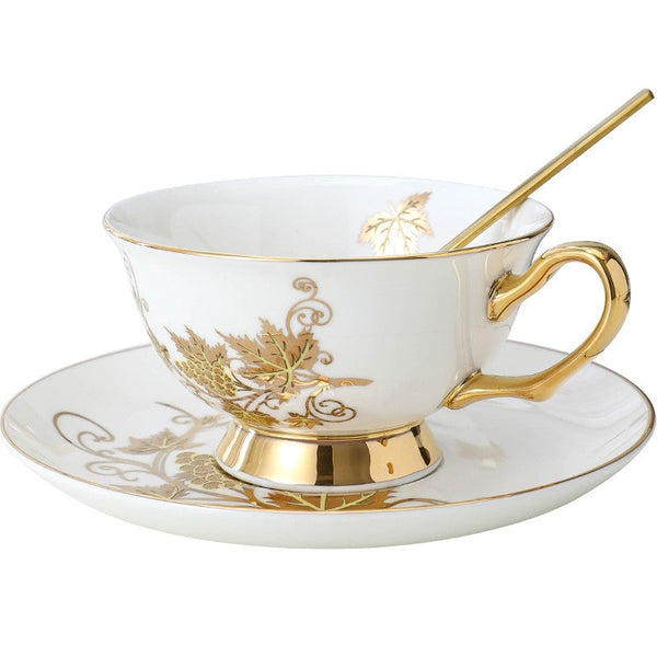 Elegant British Ceramic Coffee Cups, 7.4 oz Golden Leaves and Grapes Porcelain Tea Cup Saucer Set, Unique British Tea Cup and Saucer in Gift Box-LargePaintingArt.com