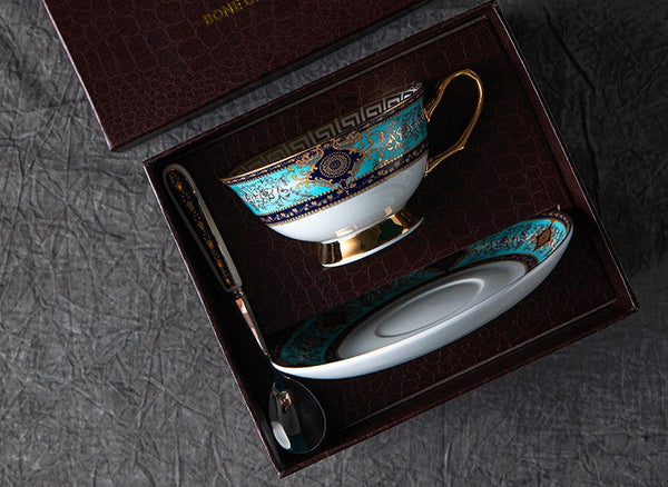 Elegant British Ceramic Coffee Cups, 7.4 oz Porcelain Tea Cup Set for Office, Unique Tea Cup and Saucer in Gift Box-LargePaintingArt.com
