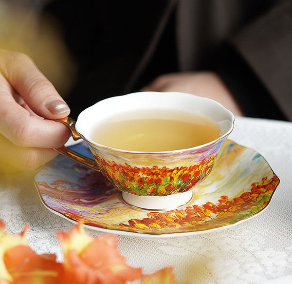 Elegant Ceramic Coffee Cups, Flower Field Vintage Bone China Porcelain Tea Cup Set, Unique British Tea Cup and Saucer in Gift Box, Royal Ceramic Cups-LargePaintingArt.com