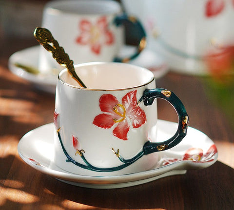 Afternoon British Tea Cups, Creative Bone China Porcelain Tea Cup Set, Traditional English Tea Cups and Saucers, Unique Ceramic Coffee Cups-LargePaintingArt.com