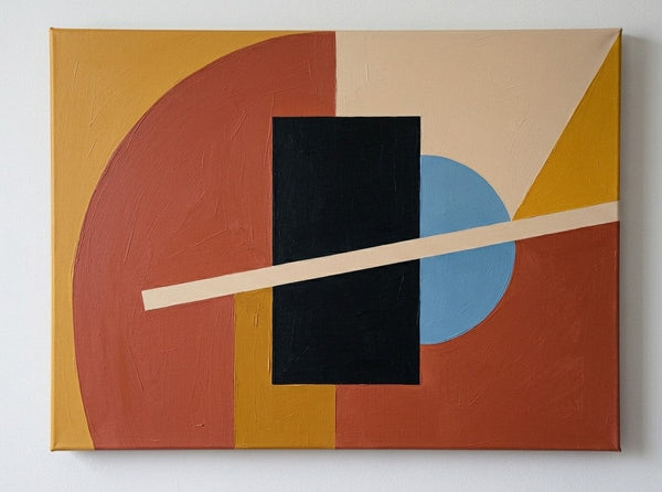 Contemporary Canvas Wall Art, Brick Red, Mustard Yellow, Black Color, Geometric Pattern Modern Artwork, Original Abstract Paintings-LargePaintingArt.com