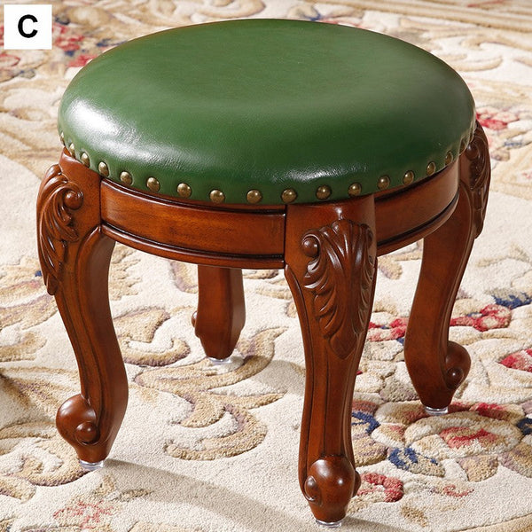Solid Wood Ottoman, Rubberwood Entry Bench, Vanity Stool, Genuine Leather Solid Wood Entry Bench, Vintage Round Stool-LargePaintingArt.com