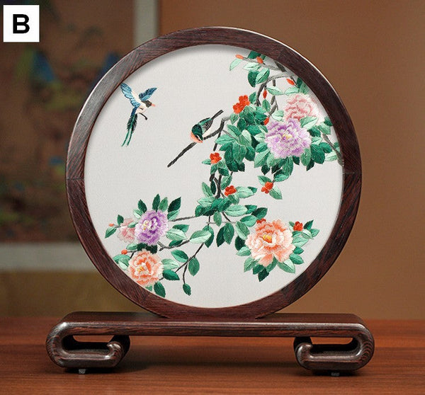 Creative Birthday Gift, Premium Souvenir, Elegant Silk Embroidery Ornaments, Traditional Chinese Suzhou Flower and Birds Silk Embroidery, Exclusive Business Presents-LargePaintingArt.com