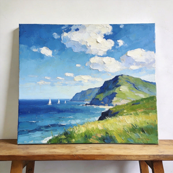 Hand Painted Canvas Art, Sailboats Beneath the Coastal Clouds, Original Small Paintings, Original Oil Paintings, Buy Small Artwork Online, Small Canvas Wall Art Paintings-LargePaintingArt.com