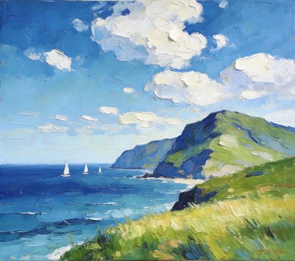 Hand Painted Canvas Art, Sailboats Beneath the Coastal Clouds, Original Small Paintings, Original Oil Paintings, Buy Small Artwork Online, Small Canvas Wall Art Paintings-LargePaintingArt.com