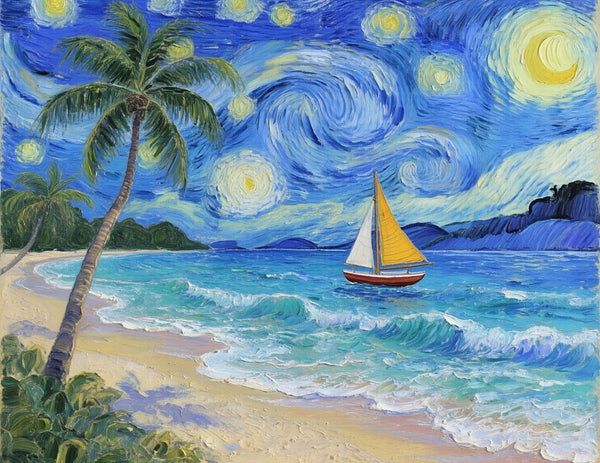 Starry Night by the Sea, Original Oil Paintings, Small Landscape Paintings, Small Oil Paintings on Canvas, Small Paintings on Canvas, Hand Painted Canvas Art-LargePaintingArt.com