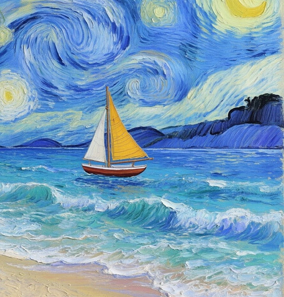 Starry Night by the Sea, Original Oil Paintings, Small Landscape Paintings, Small Oil Paintings on Canvas, Small Paintings on Canvas, Hand Painted Canvas Art-LargePaintingArt.com