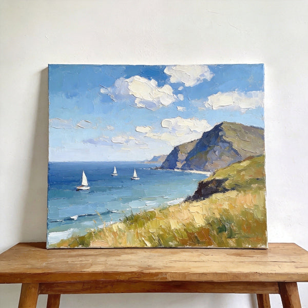 Impressions of a Sunny Seaside Day, Hand Painted Canvas Art, Original Seascape Paintings, Original Oil Paintings, Buy Small Artwork Online, Small Canvas Wall Art Paintings-LargePaintingArt.com