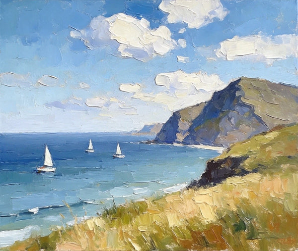 Impressions of a Sunny Seaside Day, Hand Painted Canvas Art, Original Seascape Paintings, Original Oil Paintings, Buy Small Artwork Online, Small Canvas Wall Art Paintings-LargePaintingArt.com