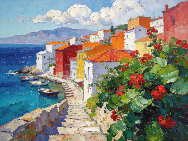 The Quiet Seaside Town, Summer Resort, On Canvas Small Paintings, Hand Painted Canvas Art, Small Landscape Paintings, Original Oil Paintings, Small Wall Art Paintings-LargePaintingArt.com