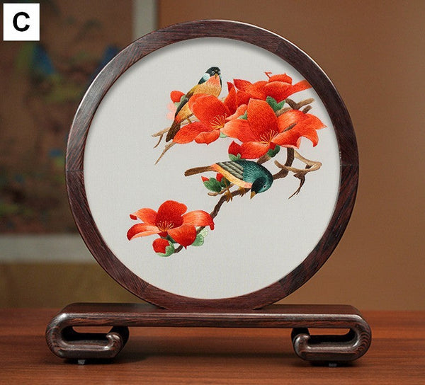 Beautiful Flower and Birds Silk Embroidery Ornaments, Traditional Chinese Suzhou Silk Embroidery, Exclusive Business Presents, Creative Birthday Gift, Premium Souvenir-LargePaintingArt.com