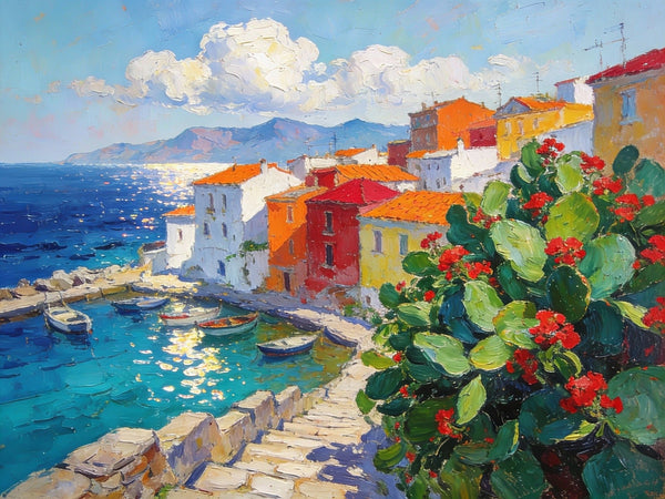 Small Canvas Art, Vibrant Coastal Village, Colorful Houses by the Sea, Original Wall Paintings, On Canvas Small Paintings, Original Artwork Small Paintings, Small Landscape Paintings-LargePaintingArt.com