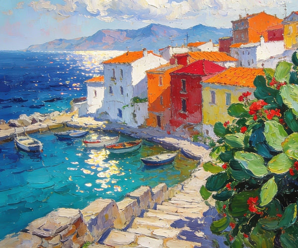 Small Canvas Art, Vibrant Coastal Village, Colorful Houses by the Sea, Original Wall Paintings, On Canvas Small Paintings, Original Artwork Small Paintings, Small Landscape Paintings-LargePaintingArt.com