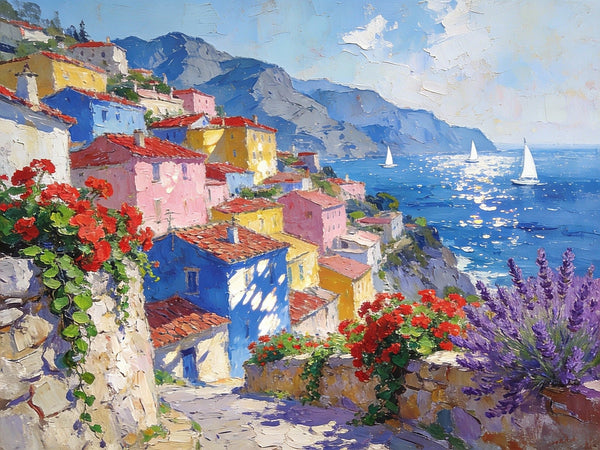 Scenery of a Mediterranean Seaside Resort, Palette Knife Artwork, Small Landscape Paintings, Small Oil Paintings on Canvas, Hand Painted Canvas Art, Original Oil Paintings-LargePaintingArt.com