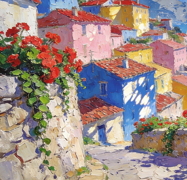Scenery of a Mediterranean Seaside Resort, Palette Knife Artwork, Small Landscape Paintings, Small Oil Paintings on Canvas, Hand Painted Canvas Art, Original Oil Paintings-LargePaintingArt.com