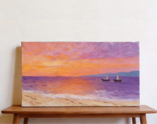 Original Seascape Paintings, Amber Dusk Over the Quiet Shore, Sunset Paintings, Small Canvas Wall Art Paintings, Hand Painted Canvas Art-LargePaintingArt.com