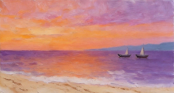 Original Seascape Paintings, Amber Dusk Over the Quiet Shore, Sunset Paintings, Small Canvas Wall Art Paintings, Hand Painted Canvas Art-LargePaintingArt.com