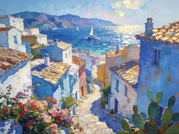 Small Oil Paintings on Canvas, A Mediterranean Seaside Resort Town, Hand Painted Canvas Art, Impasto Artwork, Original Oil Paintings, Small Landscape Paintings on Wall-LargePaintingArt.com