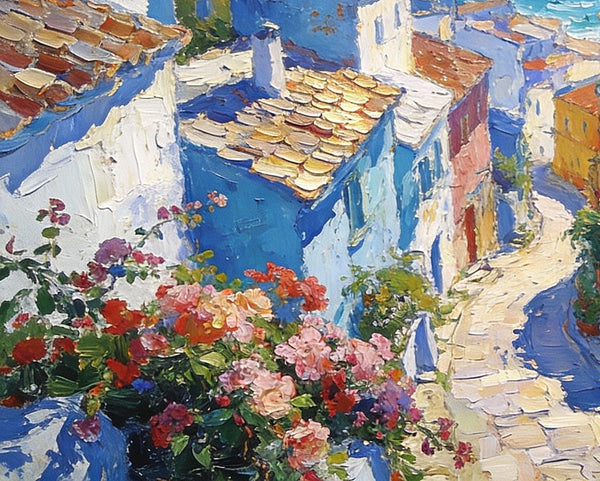 Small Oil Paintings on Canvas, A Mediterranean Seaside Resort Town, Hand Painted Canvas Art, Impasto Artwork, Original Oil Paintings, Small Landscape Paintings on Wall-LargePaintingArt.com