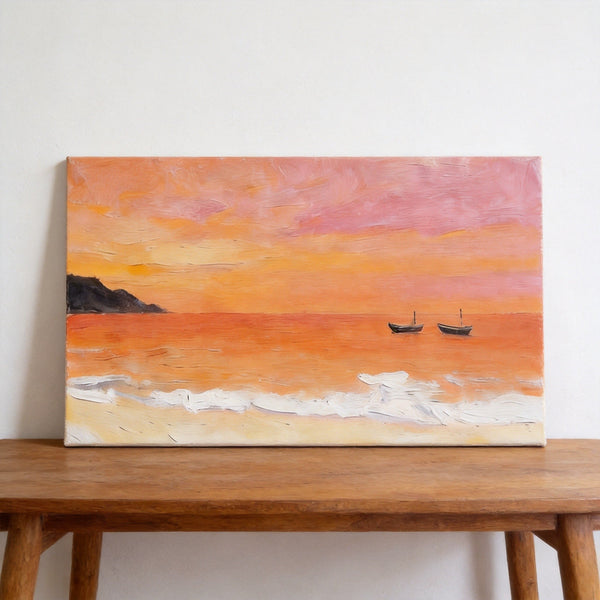 Tranquil Sails at Sunset Glow, Original Seascape Paintings, Sunset Paintings, Small Canvas Wall Art Paintings, Hand Painted Canvas Artwork-LargePaintingArt.com