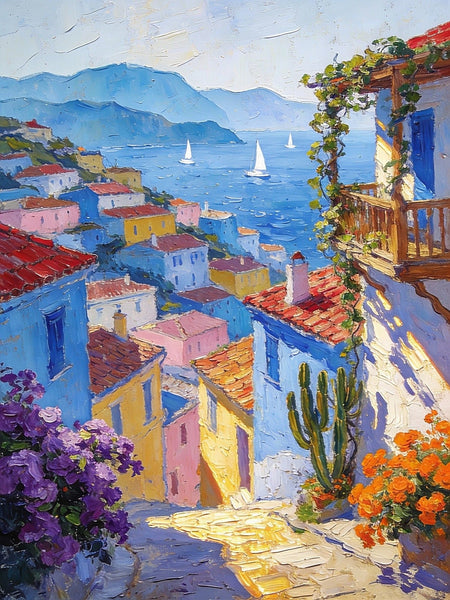 A Seaside Town on the Mediterranean, Seashore Beach, Small Landscape Paintings, Impasto Paintings, Small Paintings on Canvas, Palette Knife Oil Paintings, Original Small Paintings on Canvas-LargePaintingArt.com