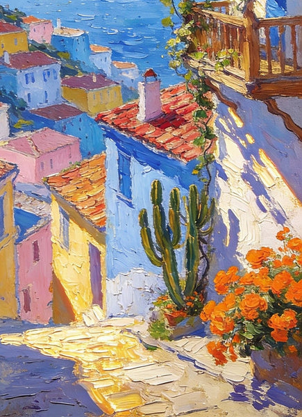 A Seaside Town on the Mediterranean, Seashore Beach, Small Landscape Paintings, Impasto Paintings, Small Paintings on Canvas, Palette Knife Oil Paintings, Original Small Paintings on Canvas-LargePaintingArt.com