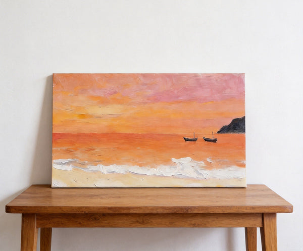Hand Painted Canvas Artwork, Small Canvas Wall Art Paintings, Sunset Paintings, Boats Adrift in Sunset Glow, Original Seascape Paintings-LargePaintingArt.com