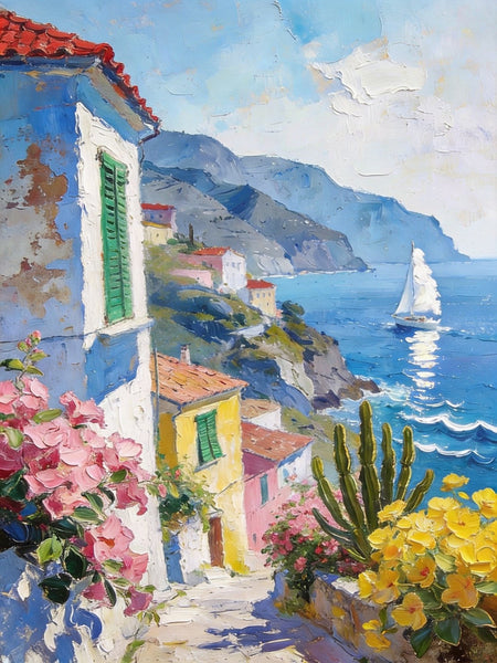 Summer in a Seaside Town, Original Artwork Small Paintings, On Canvas Small Paintings, Palette Knife Artwork, Landscape Canvas Paintings, Hand Painted Canvas Art-LargePaintingArt.com